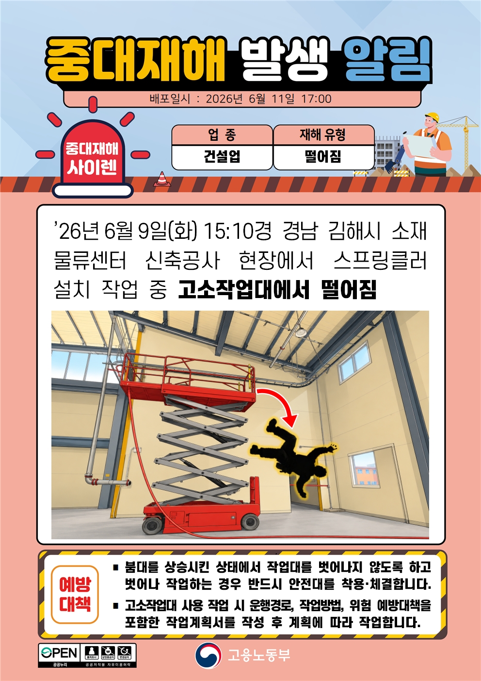 고소작업대 작업 중 추락 중대재해 발생 알림
