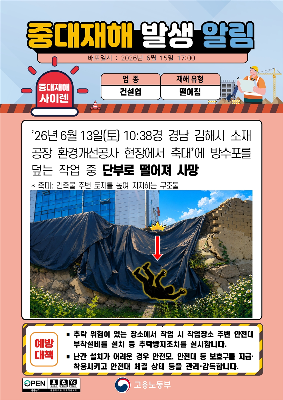 축대 위 방수포 작업 중 단부 추락 중대재해 발생 알림