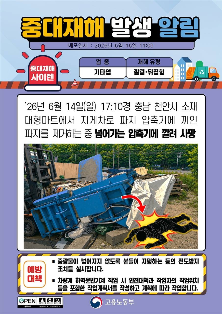 파지 압축기 끼임 중대재해 발생 알림