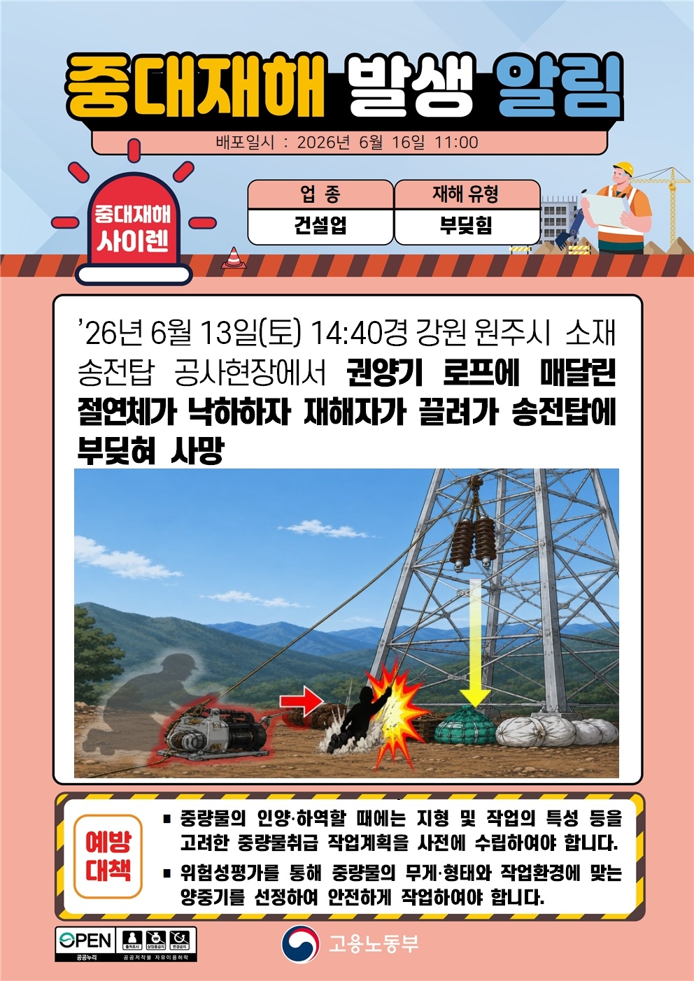 권양기 로프 매달림 절연체 낙하 중대재해 발생 알림