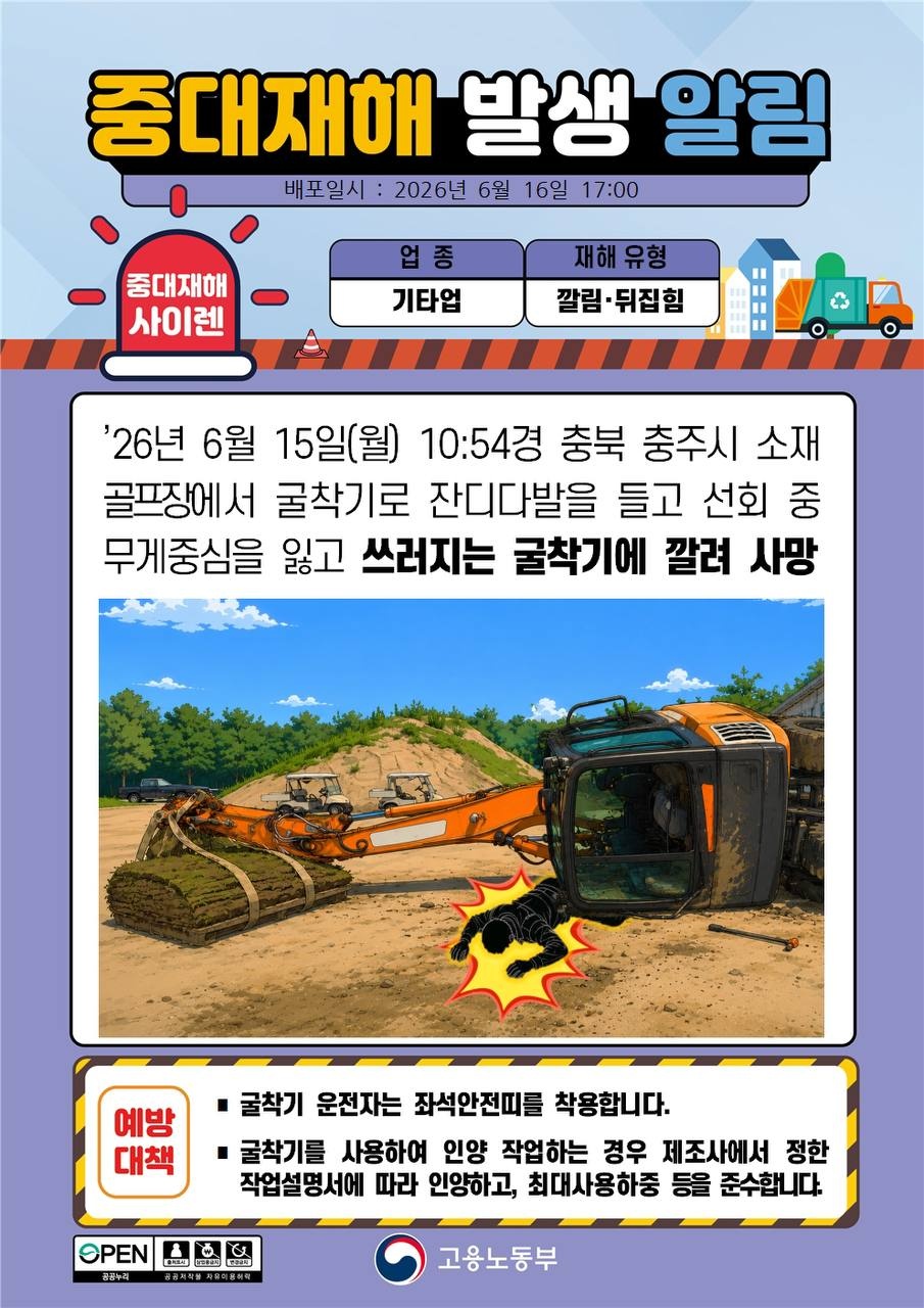 굴착기 전도 및 깔림 중대재해 발생 알림